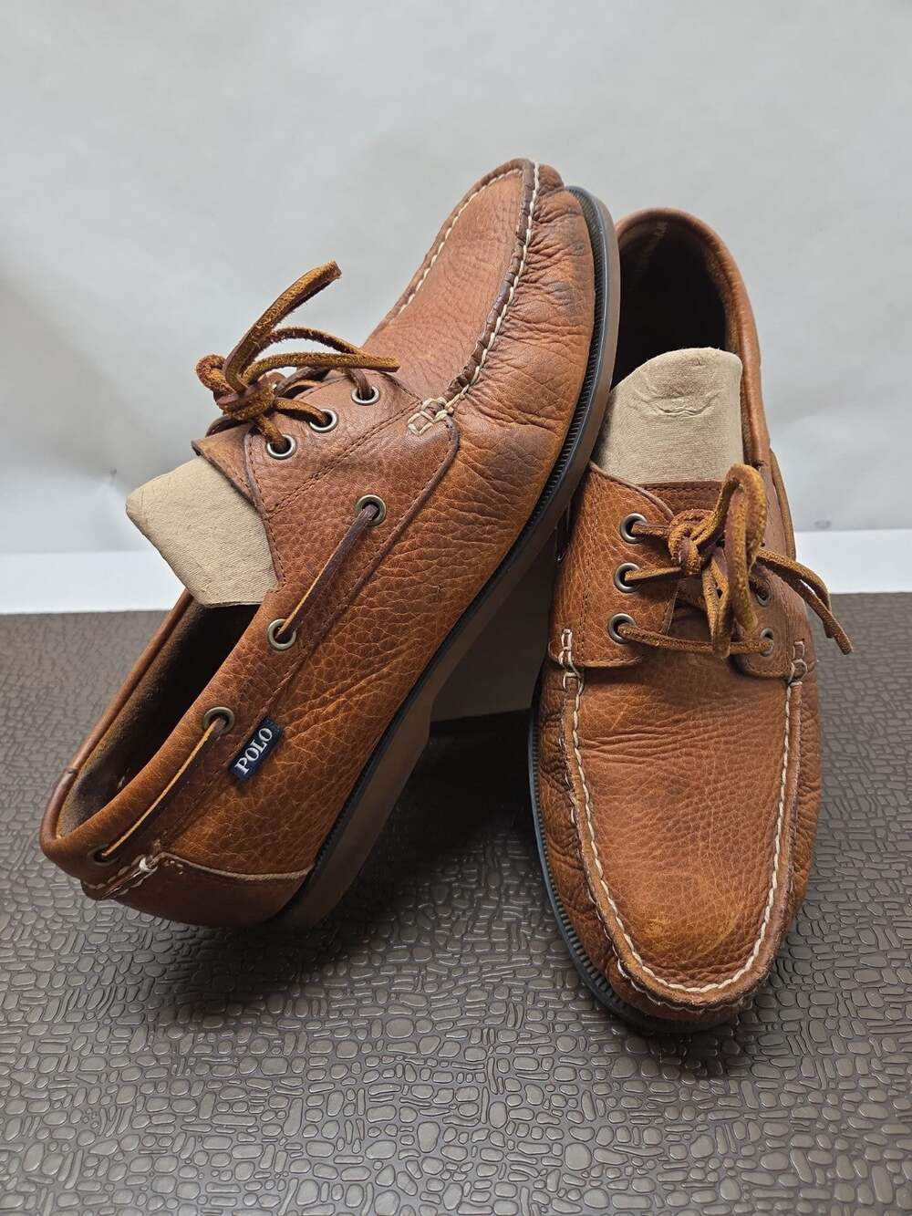 Polo Ralph Lauren Mens Bienne Tumbled Leather Boat Shoes Tan Brown 12D